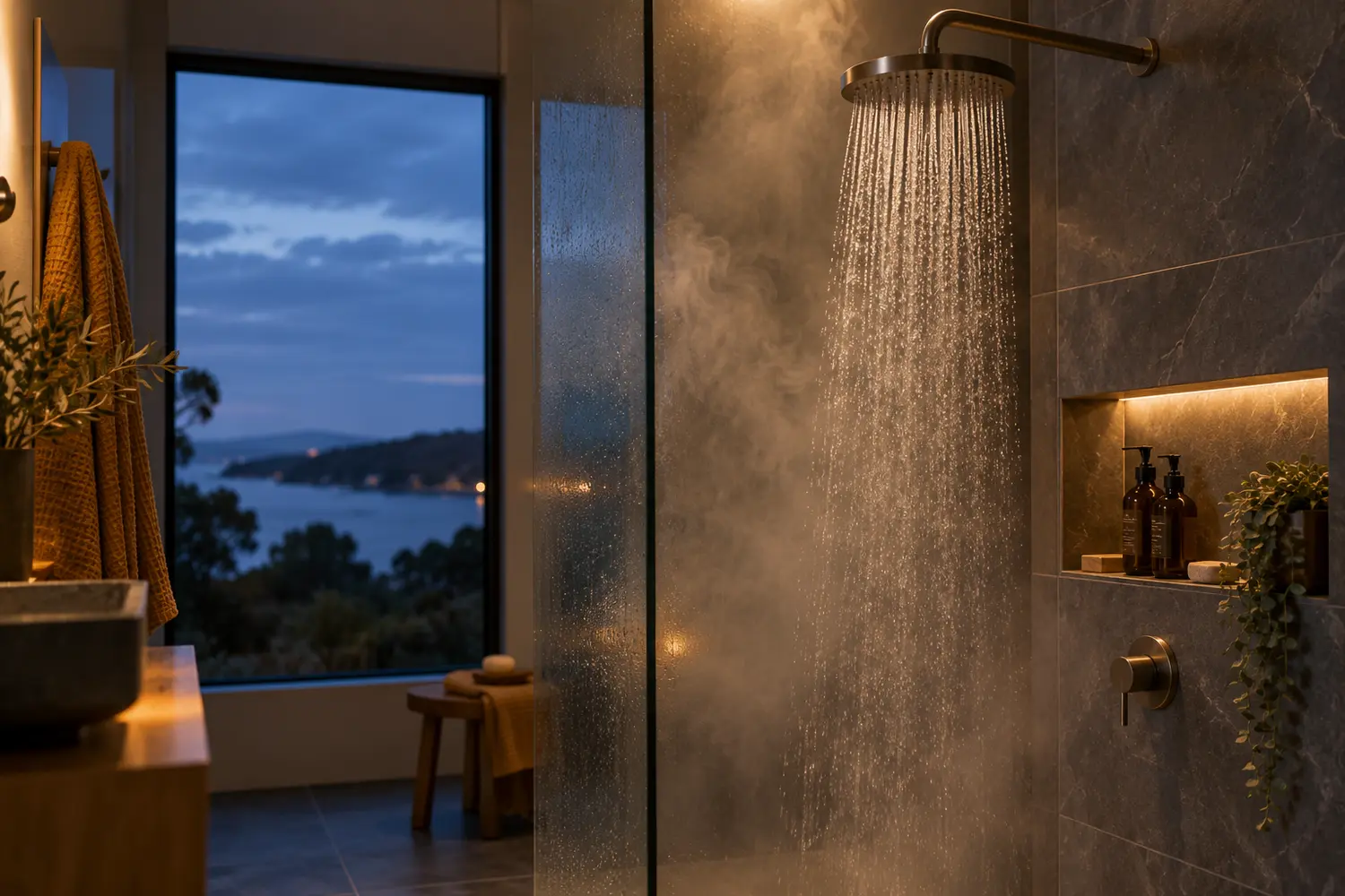Hot steaming shower in a modern bathroom during cool twilight