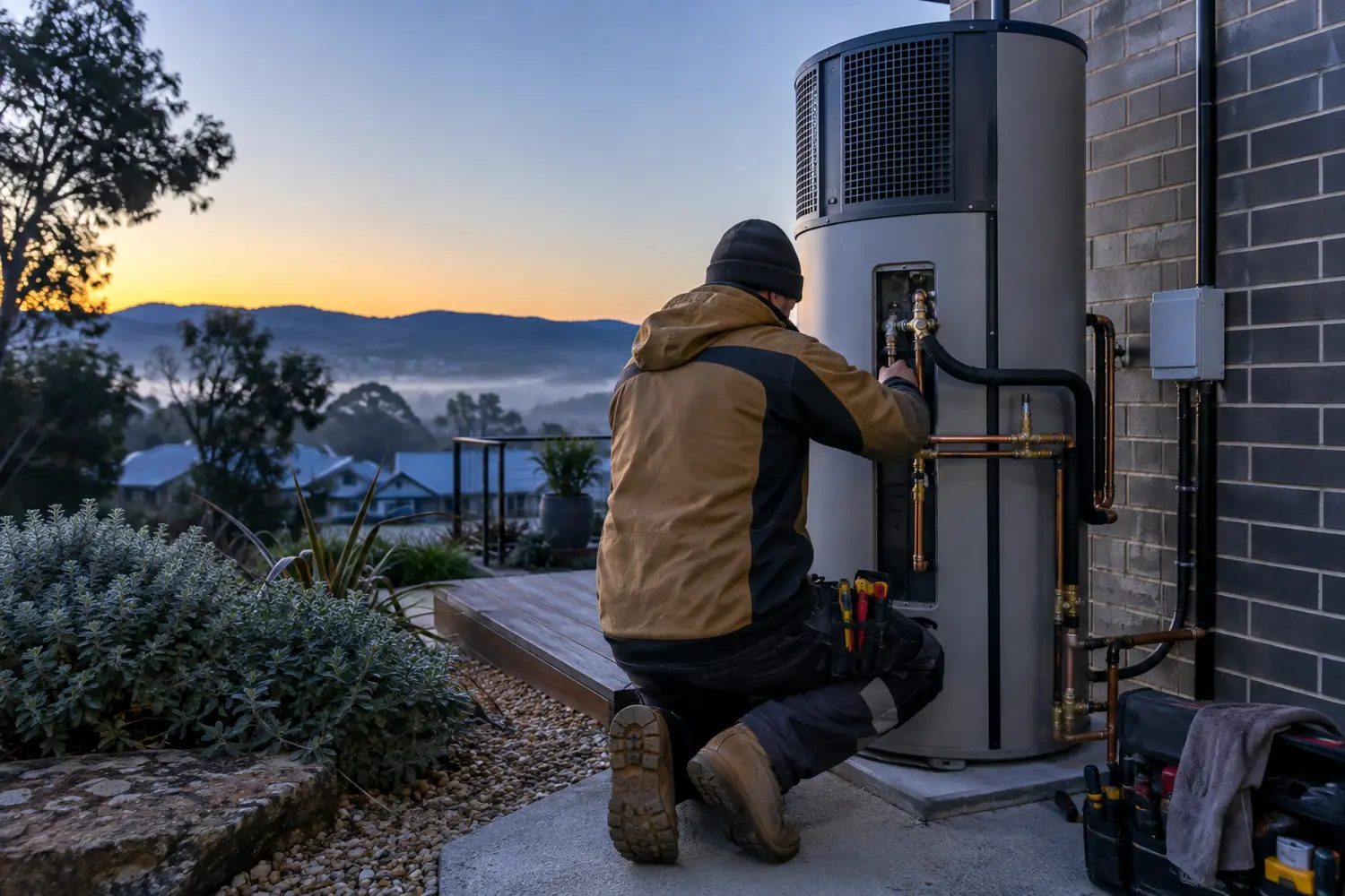 Hot water system being assessed outside a regional home